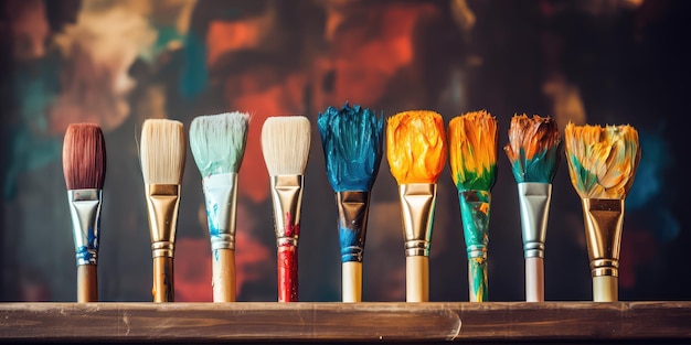 Row of artist paintbrushes closeup on artistic wooden background