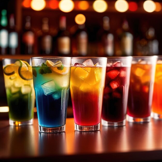 色とりどりのカラフルな冷たい飲み物の列バーでの夏のパーティーのリフレッシュ