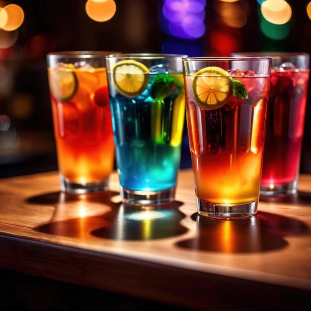 Row of assorted colorful cold drinks summer party refreshment at bar