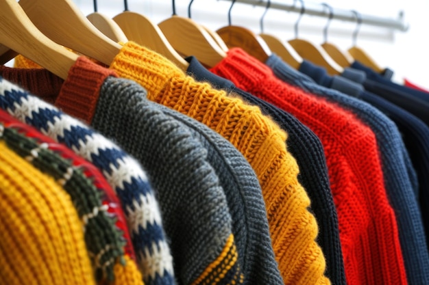 A row of autumn clothes on hangers againts white wall