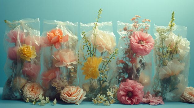 Row of Bags Filled With Different Types of Flowers