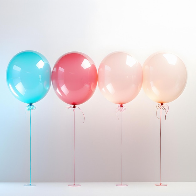 a row of balloons with one pink and blue and one blue