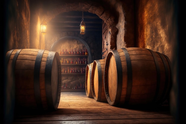 A row of barrels in a cellar with a light on the wall