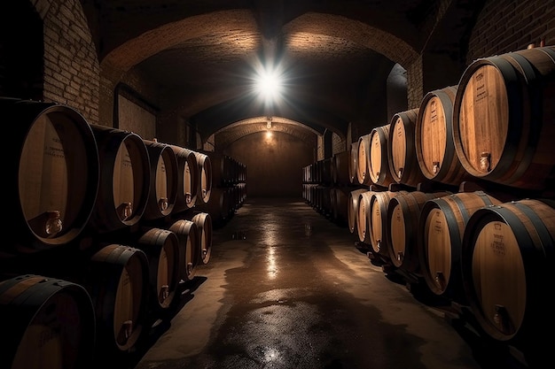 A row of barrels in a cellar with the word wine on the side.