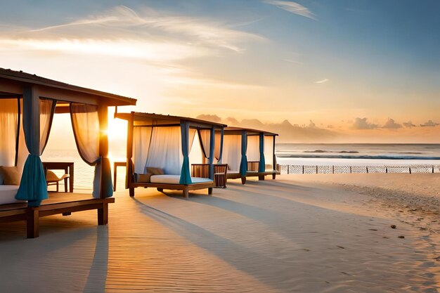 A row of beach chairs on a beach with the sun setting behind them