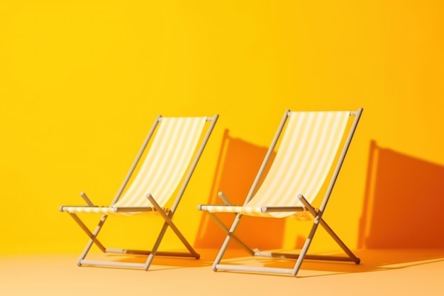 A row of beach chairs in front of a yellow background.