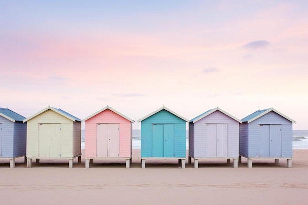 Row of beach huts against a pastelcolored sky