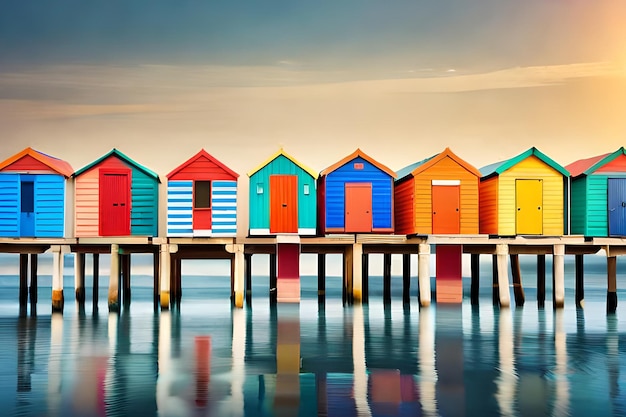 A row of beach huts on a pier with the sun setting behind them.