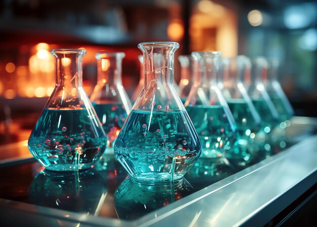 A row of beakers with blue and green liquid in them.