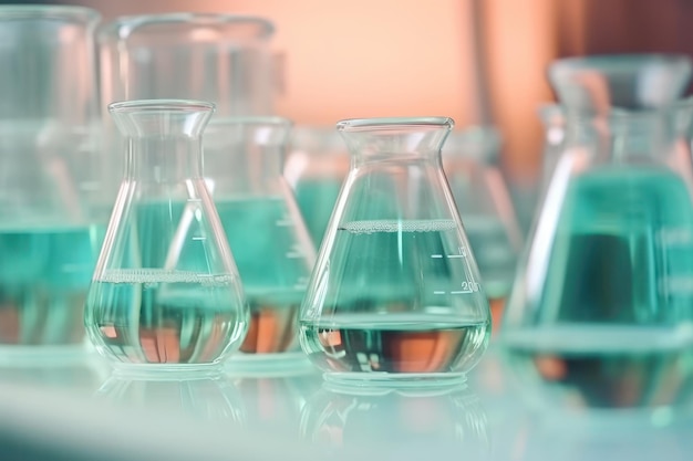 Photo a row of beakers with blue liquid in them sit on a table.