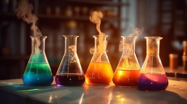 A row of beakers with different colored liquids in different colors including the number 1