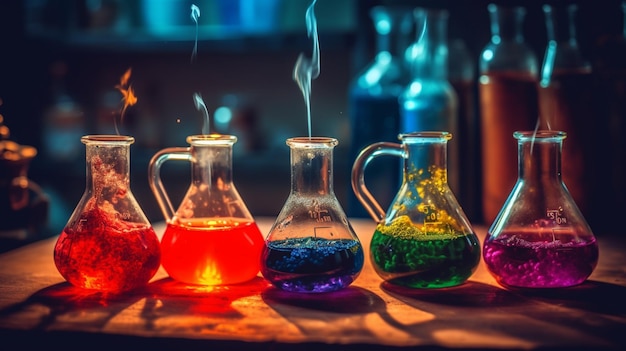 A row of beakers with different colored liquids in different colors including a rainbow of colors