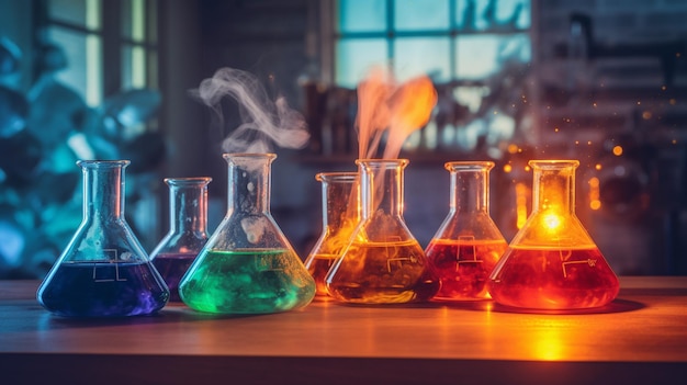 A row of beakers with different colored liquids on a table