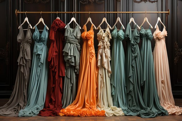 Row of Beautiful Luxury Colorful Dresses on Hangers in a Showroom extreme closeup Generative AI