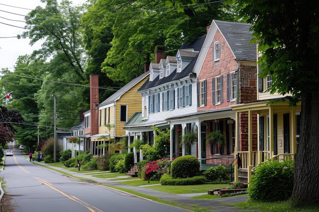 Photo a row of beautifully painted houses line a tranquil residential street creating a picturesque scene of peaceful suburban living an idyllic small town with colonialstyle homes ai generated