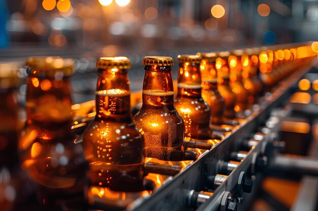 A row of beer bottles sitting on top of a conveyor belt in a factory or assembly line with lights in