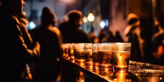 A row of beer glasses on a bar