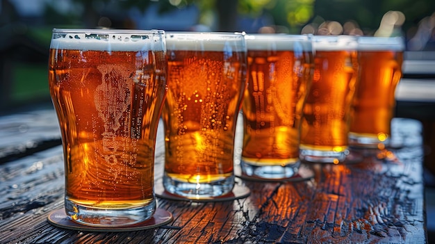 Row of Beer Glasses on Wooden Table