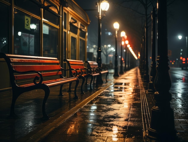 a row of benches on a wet sidewalk at night