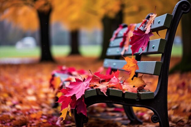 a row of benches with autumn leaves on the ground