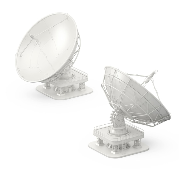 Photo row of big satellite dish antenna radars on a white background 3d rendering