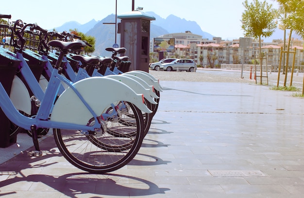 Row of bikes for rent in the city