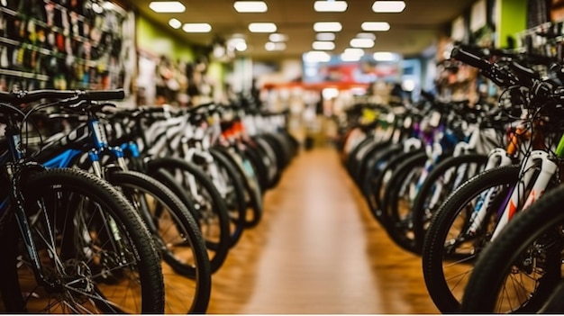Ряд велосипедов в магазине с вывеской «Магазин велосипедов».