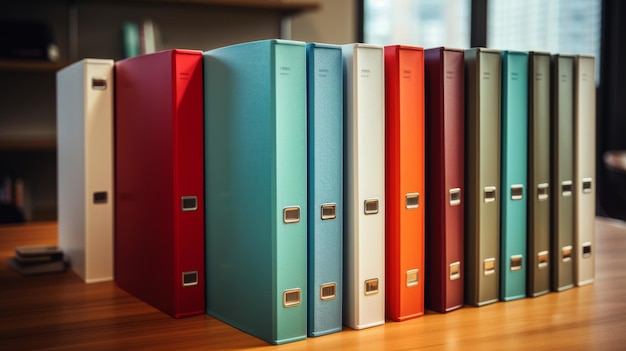 Row of Binders on Wooden Table