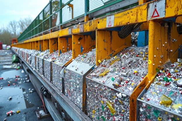 Foto una fila di contenitori pieni di bottiglie di plastica