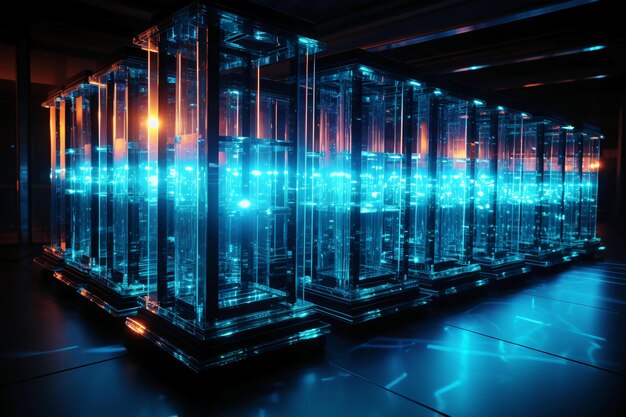 A row of black server racks in the style of transparent layers metallic rotation digitally AI ge