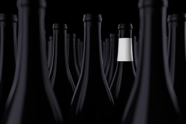 Ряд бутылок черного вина с пустой белой этикеткой для вашего дизайна на черном фоне 3d-рендеринг