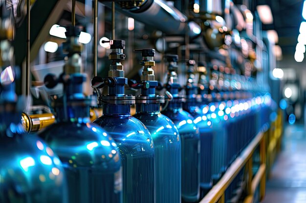 a row of blue bottles with blue caps and a blue bottle of gas