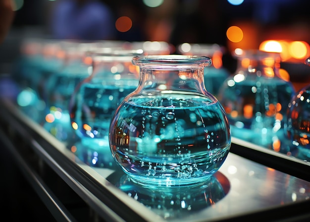 A row of blue bottles with water in them.