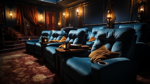 Row of Blue Couches in Room