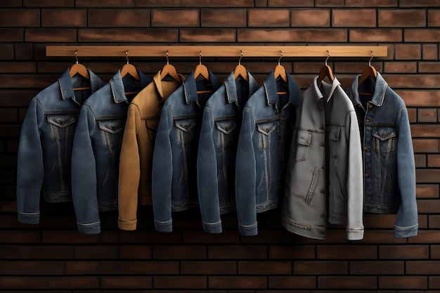 A row of blue denim jackets hanging on a rack.