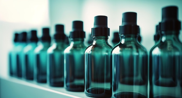 A row of blue glass bottles with a black cap on the top.