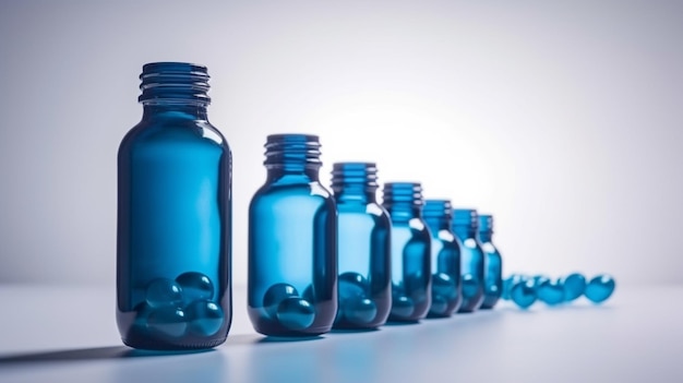 A row of blue glass bottles with the word pills on the top.