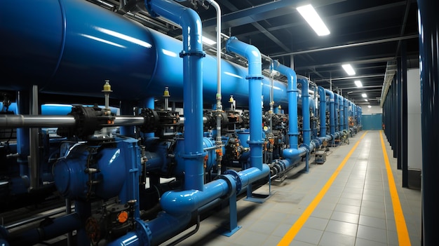 A row of blue pipes and valves in a building generative ai image