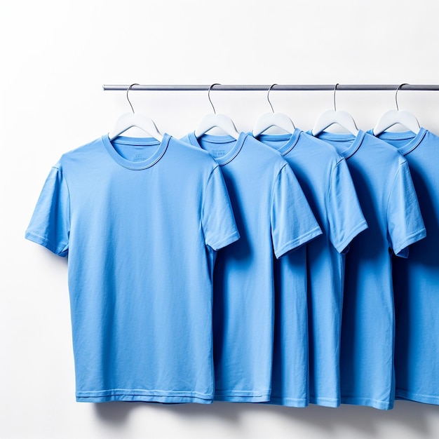 A row of blue shirts are hanging on a white wall.