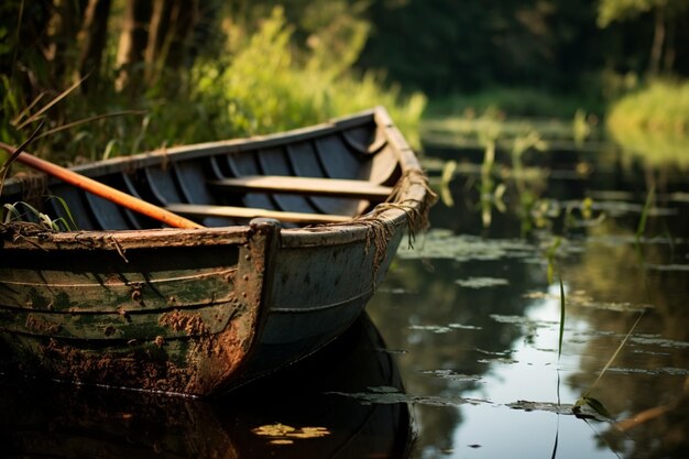 row boat in the middle of a pond close up shot