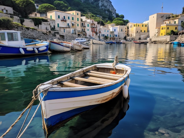 A row boat on water with buildings in the background