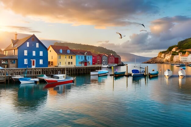 A row of boats in the water with a sunset sky in the background