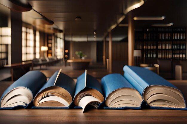 Photo a row of books in a library with one of them reading.