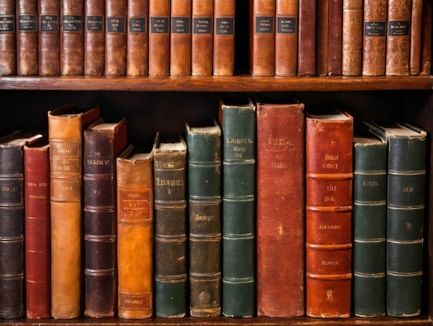 木製 の 棚 の 上 に 置か れ て いる 書籍 の 列