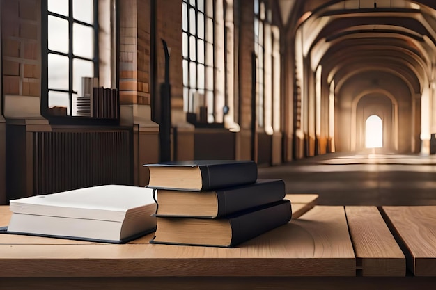 A row of books on a table in a dark room with a window in the background.