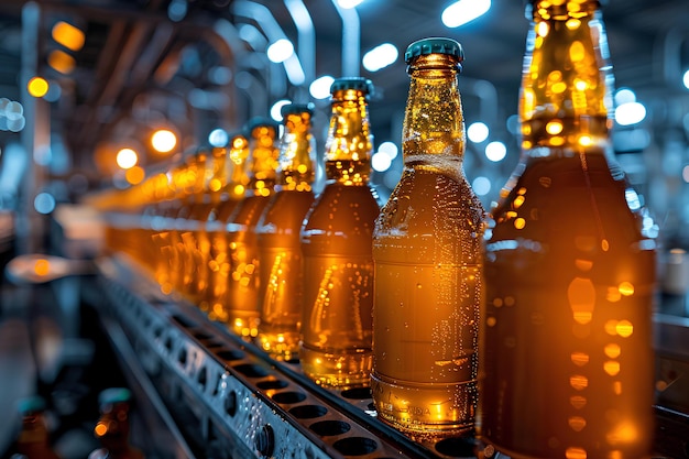 Photo a row of bottles of beer on a conveyor belt in a factory or assembly line with lights in the