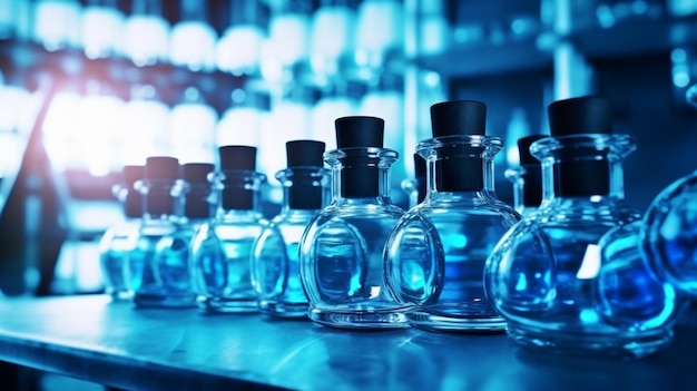 A row of bottles of blue liquid with the word aqua on the front.