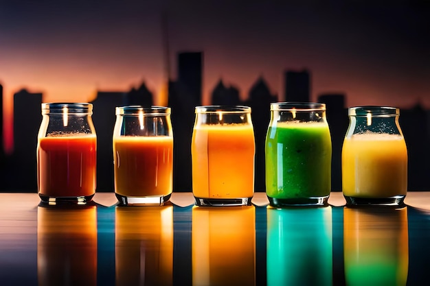 a row of bottles of juice with the skyline behind them.