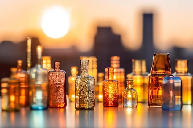 Row of bottles of liquor with the sun setting behind them