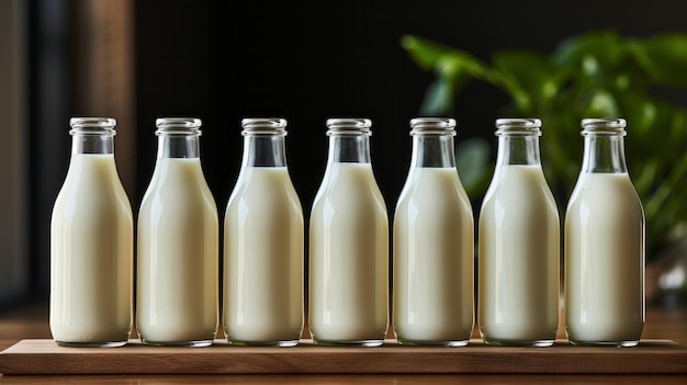 Photo a row of bottles of milk on table